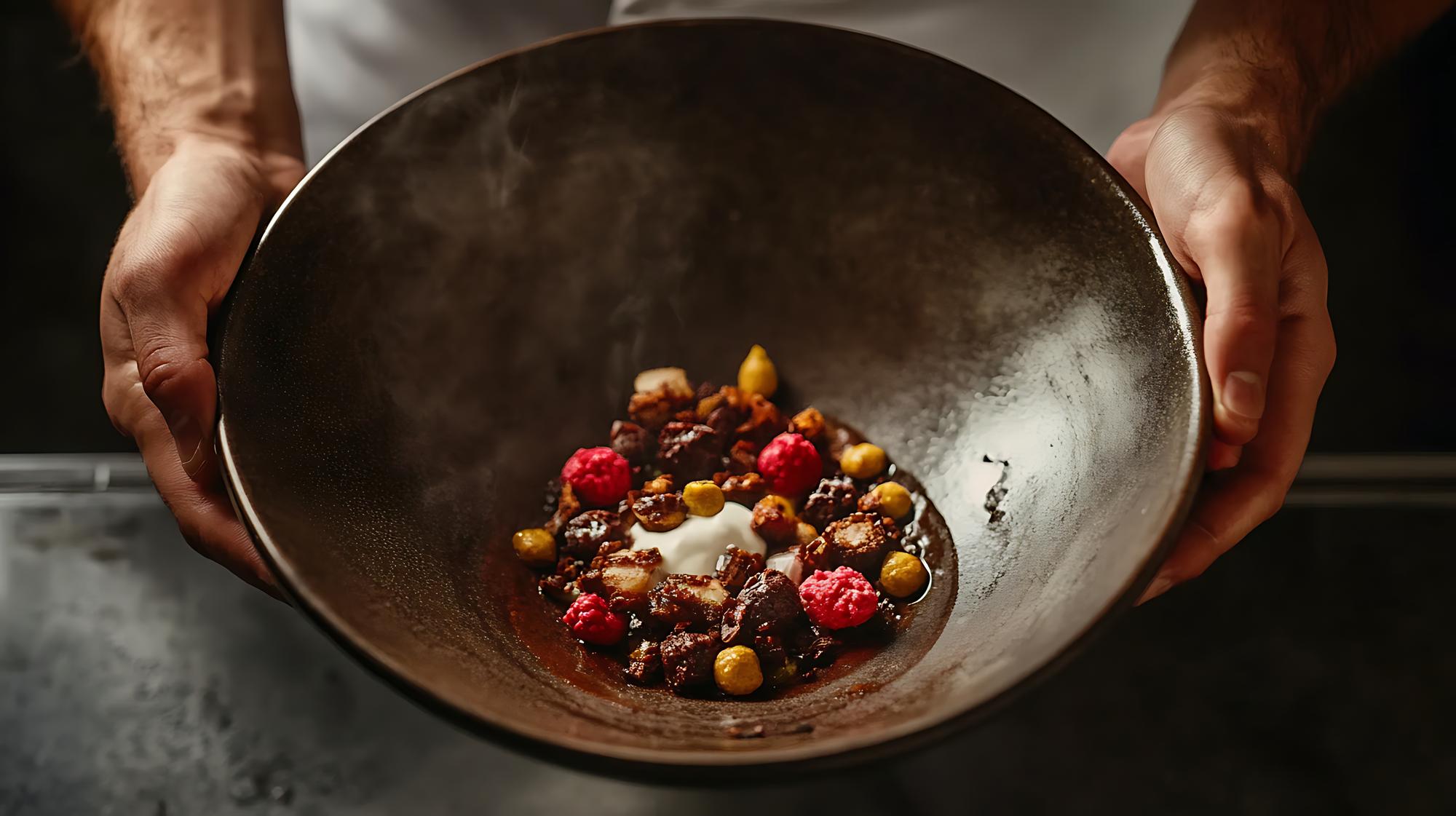 chef plating a rustic dish in warm kitchen light